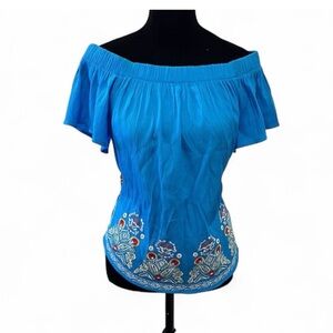 y2k blue floral embroidered off shoulder top blouse coquette cottagecore vintage